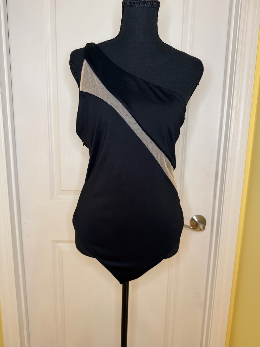 Alice + Olivia Black One-Shoulder Bodysuit with Sheer Diagonal Inset, size XL